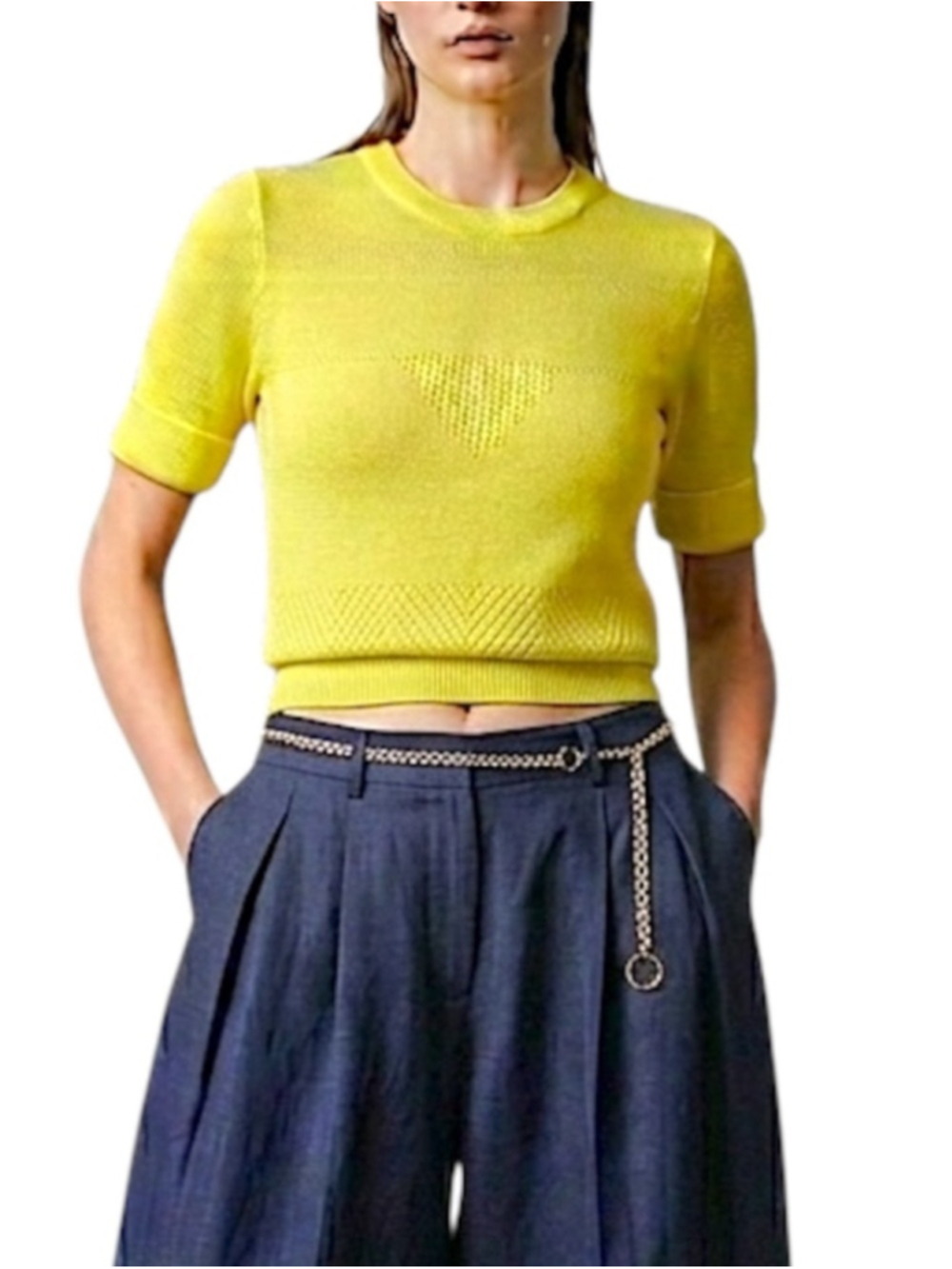 Vintage 70s 80s fitted lemon yellow knit short sleeve cropped sweater top M
